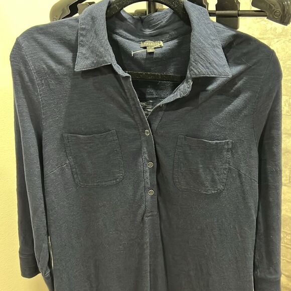 Talbots Navy Cotton Blend Button 3/4 Sleeve Shirt Dress Chest pockets Size Med - Picture 3 of 12
